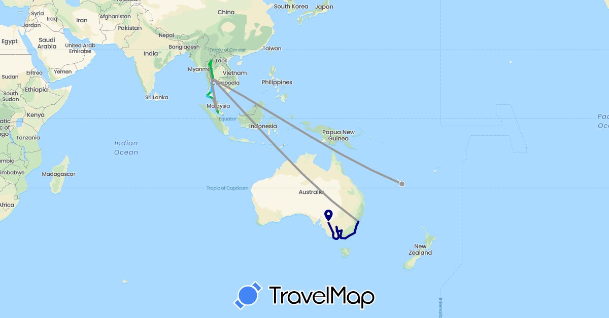 TravelMap itinerary: driving, bus, plane, train, boat in Australia, Malaysia, New Caledonia, Thailand (Asia, Oceania)
